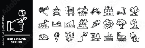 Spring Themed Black and White Vector Icon Set. Line art style icons bundle.