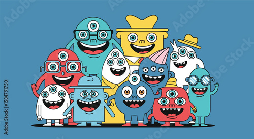 A Diverse Group of Colorful Cartoon Monsters with Multiple Eyes and Happy Expressions Posed Together Creatively