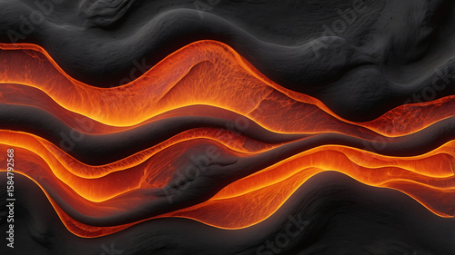 Volcanic lava flow abstract with molten orange and red gradients against charcoal black, featuring ember particles and heat distortion effects