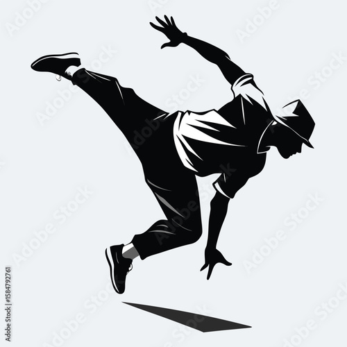 Dynamic silhouette of a Breakdancer executing a powerful freeze pose with a fedora hat