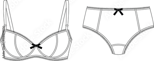 Bra and panty front technical sketch, fashion lingerie flat template, CAD drawing, vector undergarment design, clothing illustration, detailed outline