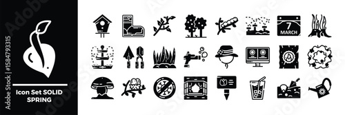 Solid Spring Icon Set Featuring Various Garden and Seasonal Symbols.