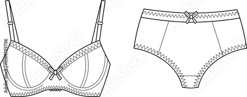 Lingerie flat sketch, vector cad drawing of bra and panty set, front view, detailed stitch design, fashion technical illustration