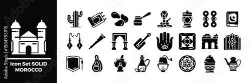 Solid Icon Set Representing Moroccan Culture with Traditional and Symbolic Elements.