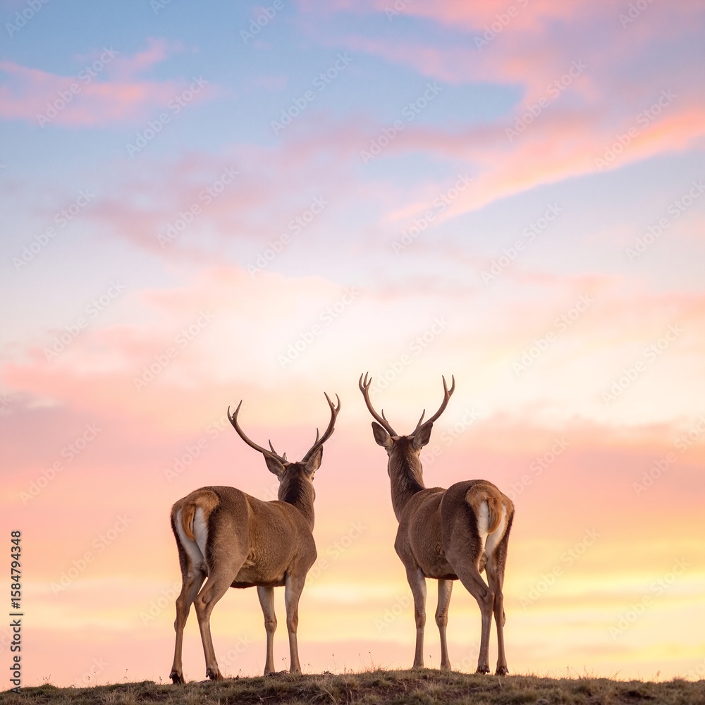Fototapeta premium Two graceful deer stand atop a gentle hill, silhouetted against a vibrant sunset sky, with hues of orange, pink, and purple casting a serene glow.