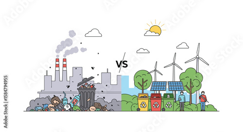 Sustainable urban development contrasts with industrial pollution showcasing environmental challenges and eco-friendly solutions for a greener future