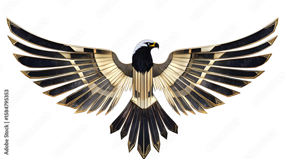 Obraz premium Art Deco geometric sunburst design stylized to incorporate elements of a bald eagle's wings and head, gold and silver lines, isolated on Transparent Background