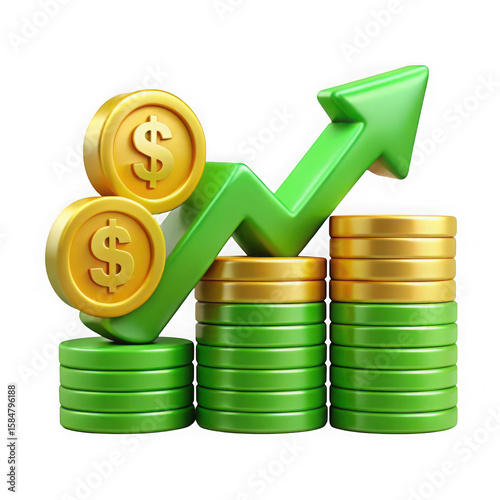 Photo of green arrow going up with stacks of coins, isolated on transparent background