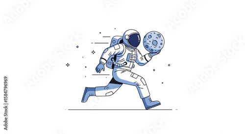 Astronaut Running With the Moon Held Securely in Hand in a Stylized Space Adventure Scene