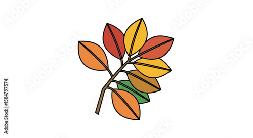 A beautiful depiction of autumn leaves on a branch showcasing a vibrant spectrum of seasonal colors in a simple illustration style
