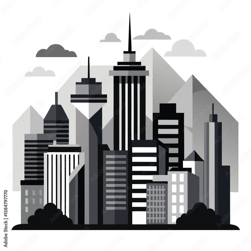 Obraz premium Monochromatic silhouette of a modern city skyline featuring tall skyscrapers a distinctive bridge and iconic towers against a white background