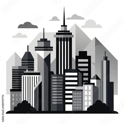 Monochromatic silhouette of a modern city skyline featuring tall skyscrapers a distinctive bridge and iconic towers against a white background