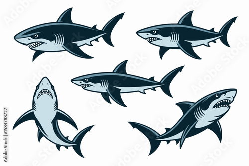 Five stylized shark illustrations in various poses, showcasing different angles and perspectives of the aquatic predator.
