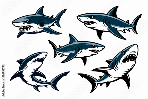 Five cartoon sharks with open mouths displaying sharp teeth, swimming in various positions against a white background.