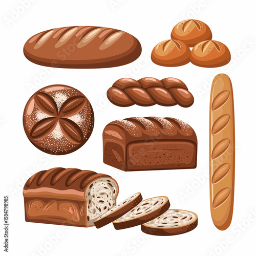An illustration displaying a variety of baked breads, including a loaf, rolls, braided bread, baguette, and sliced raisin bread, presented against a white background.