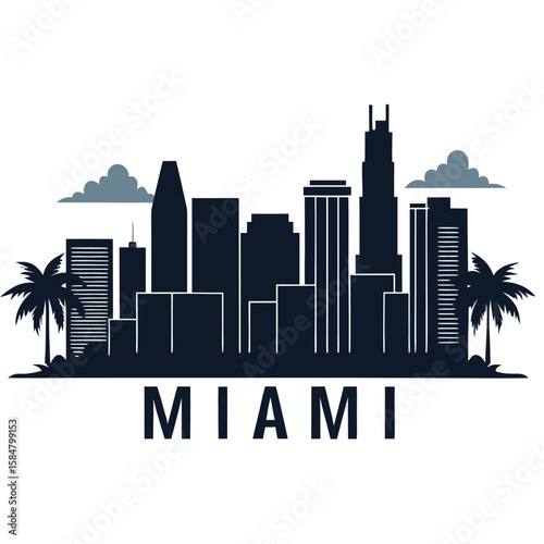Iconic Miami skyline silhouette with palm trees and clouds representing the vibrant energy of the city