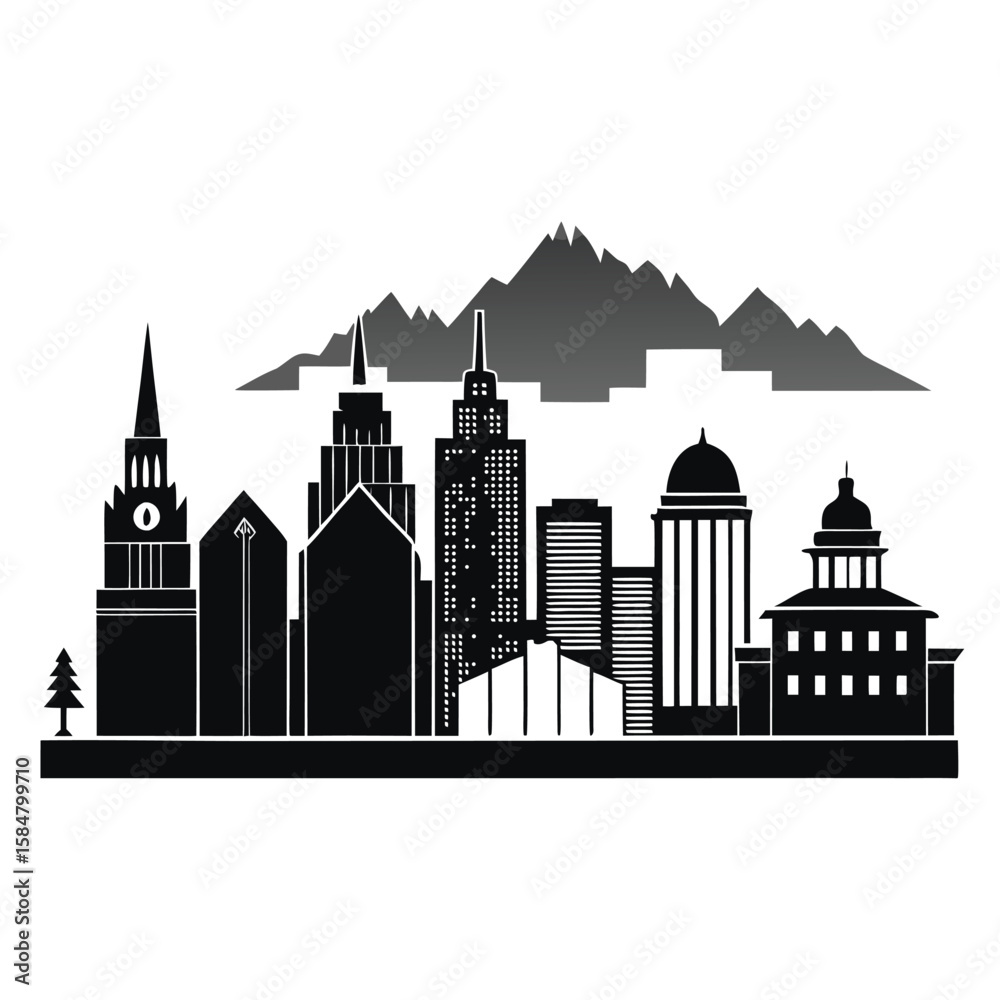 Fototapeta premium Iconic cityscape silhouette featuring diverse architecture and majestic mountain backdrop