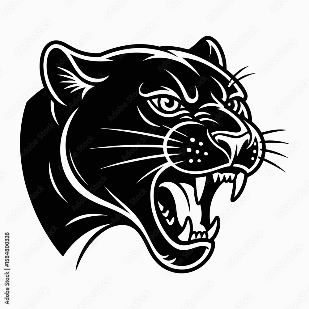 Obraz premium Vector illustration of a fierce black panther head with an open mouth, showing teeth and fangs, in a stylized design.
