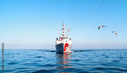 US Coast Guard ship navigating open sea under clear blue sky, maritime vigilance