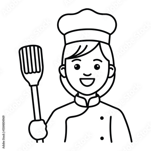 female chef holding spatula smiling simple line art black illustration