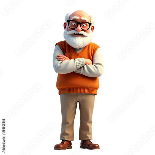 3d Cartoon old man with beard and glasses standing smiling isolated on transparent background