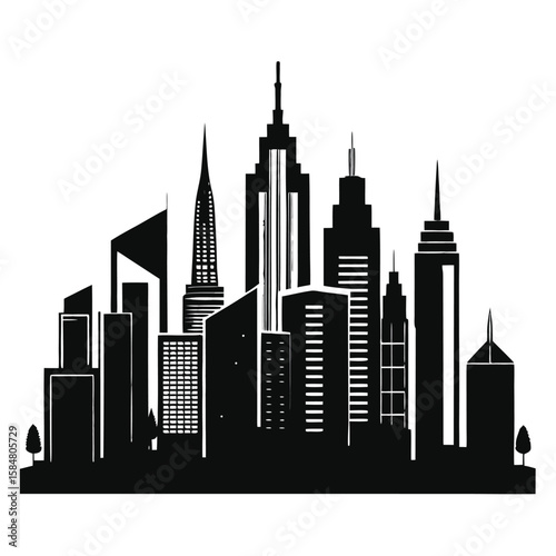 Modern cityscape silhouette featuring diverse skyscrapers and architectural styles against a clean white background