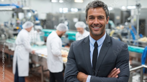 Wallpaper Mural Confident business leader smiles while overseeing operations in a modern food manufacturing facility. Torontodigital.ca