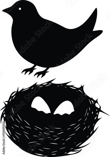 Black silhouette of a bird and nest with eggs black and white
