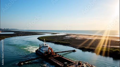 A boat collects plastic and debris from a polluted river near a coastline under bright sunlight.