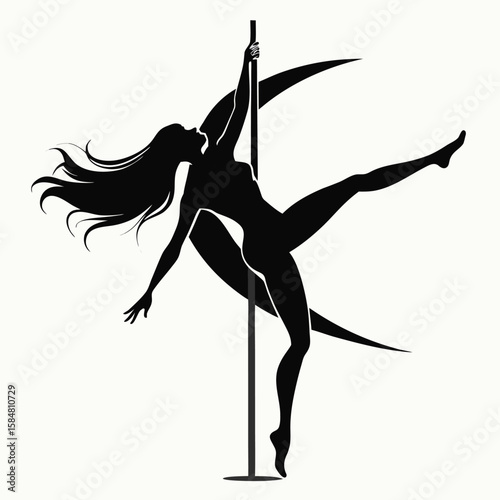 Graceful silhouette of a woman performing a dynamic pole dance pose against a crescent moon backdrop