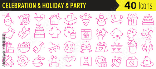 Festive celebration icons for holiday and party design projects with a clean and modern outline style