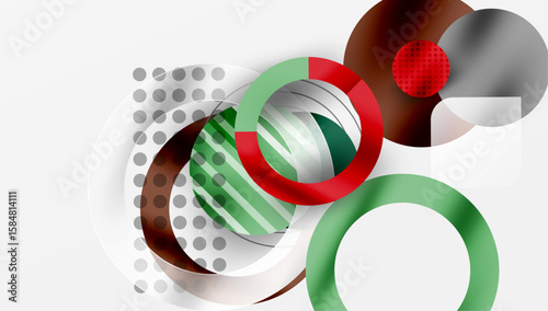 Abstract composition featuring overlapping circles, gradients, dots. Modern design with green, red, brown hues on white background.