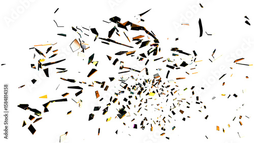 Shattered glass fragments featuring black and white reflections with vivid orange and yellow highlights, isolated on a transparent background. High-contrast dynamic scatter ideal for overlays