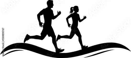 Running man and woman, isolated vector silhouettes. Run, side view. Silhouettes of athletic looking male and female runners running. EPS 10 version.