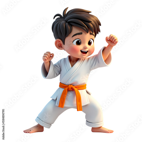 3d Cartoon boy in karate with orange belt practicing pose isolated on transparent background