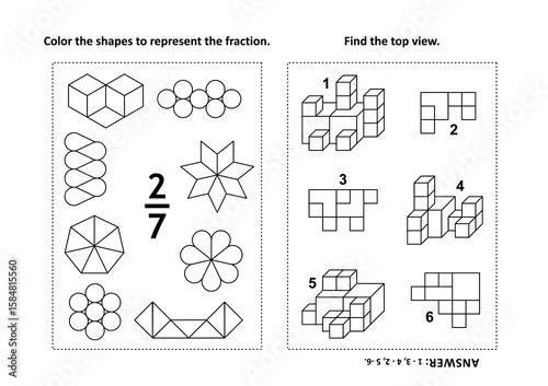 Two visual math puzzles and coloring pages. Color the shapes to represent the fraction. Find the top view. Black and white.