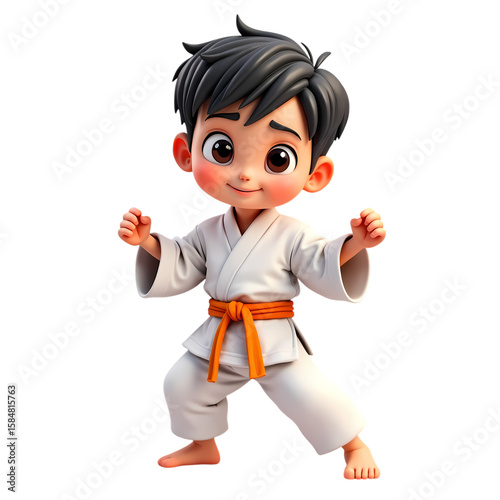 3d Cartoon boy in karate with orange belt practicing pose isolated on transparent background
