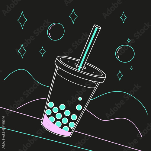 Bubble tea with tapioca in minimal glowing outline on dark background  