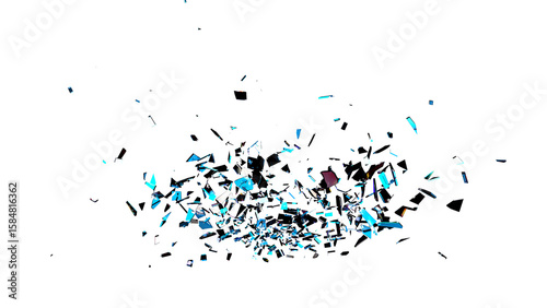 Shattered glass fragments with blue and white reflections scattered dynamically on transparent background for VFX, overlays, and compositing.