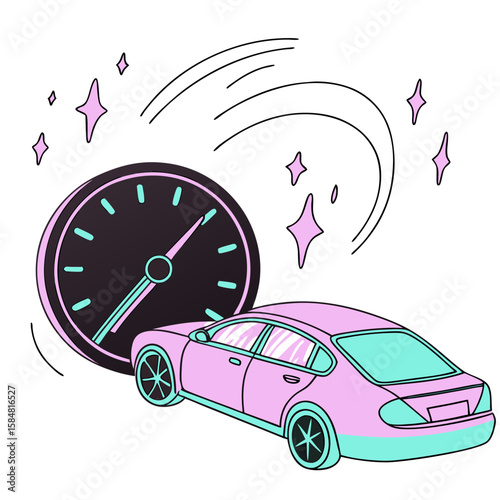Car speeding past a clock symbolizing time and motion  