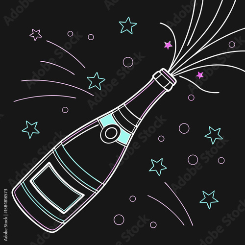 Champagne bottle popping with sparkling stars on black background  