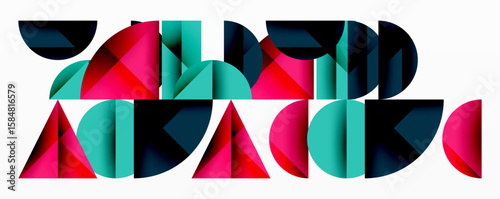 Geometric shapes form word RAND. Pink, teal, black colors dominate composition. Modern design, abstract art style.