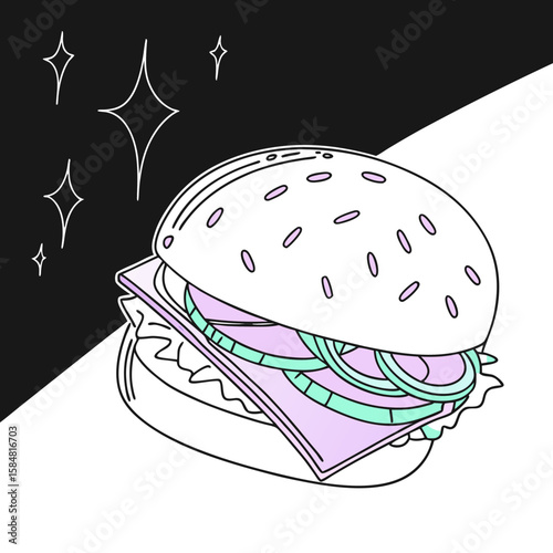 Minimal outline cheeseburger with colorful toppings on dark background  