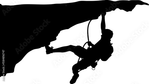 Silhouette of a rock climber hanging from a rock face with climbing gear and rope in a challenging climb