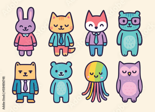 Set of cute cartoon animals in business and casual outfits – bunny, cat, fox, owl, bear, jellyfish, and others for fun character design