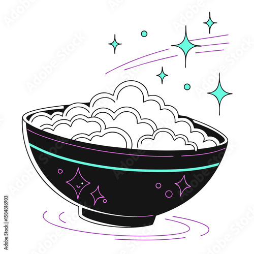 Bowl of cottage cheese with glowing outline and sparkling effects  