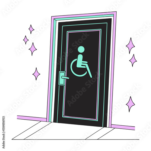 Accessible door symbol with glowing outline and decorative stars  