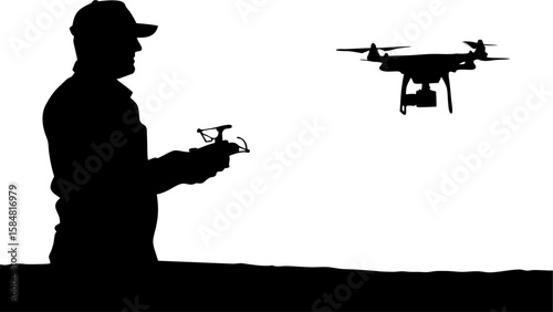 Silhouette of a man in a cap operating a drone with a remote control against a white background sky
