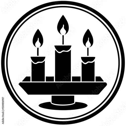 Three candles in a holder with flames in a circular design  