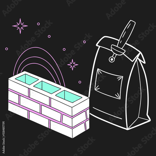 Illustration of brick and cement bag with glowing outline on black background  